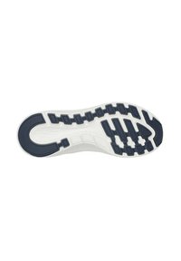 Suola di scarpa con una base bianca e un motivo testurizzato in gomma blu navy, che include scanalature e forme esagonali per la trazione.