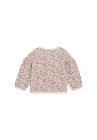 Lange mouwtop met bloemenpatroon op een crème achtergrond en roze accenten, met een ronde halslijn en geribde manchetten. Zachte stoftextuur.