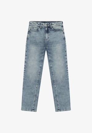 Lichtblauwe spijkerbroek met een rechte pijp, voorzakken, een ritssluiting en subtiele vervagingen in de stof.