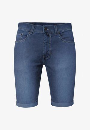 Mittlere blaue Jeansshorts mit umgeschlagenen Bündchen, Vorderknopf und Reißverschluss, Gürtelschlaufen und fünf Taschen.