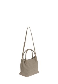 Borsa a mano in pelle sintetica beige con doppi manici e tracolla regolabile. Presenta una texture liscia e un design minimalista.