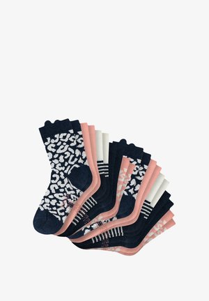 Set di calze in misto cotone con vari design: blu navy con stampa leopardata bianca, rosa, crema e motivi a righe con bordi smerlati.