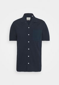 Korte mouwen marineblauw shirt van textiel, met een knoopsluiting aan de voorkant, een kraag en een contrasterende donkergroene borstzak.
