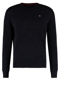 Maglione blu navy, maniche lunghe, scollo rotondo, polsini e orlo a costine, tessuto strutturato, piccolo logo sul petto.
