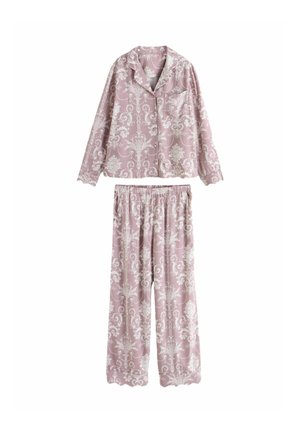 Pink long-sleeve button-up pajama top and matching elastic-waist pants with white floral and scroll patterns.