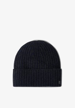 Granatowa dzianinowa czapka beanie z prążkowaną fakturą, złożonym mankietem oraz małym metalowym logo po boku.