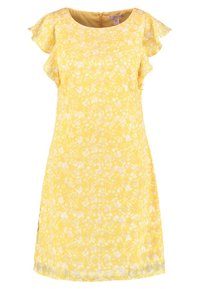 Gul knälång klänning med vitt blommönster, korta svävande ärmar och rund halsringning.
