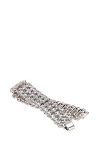 Ezüst karkötő, melyen több kerek, tiszta strasszkő található, soros rácsos mintában, biztonságos viseletet biztosító zárral.