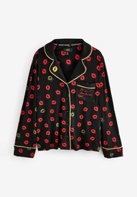 Mustmustriibuline must särk punaste ja kuldsete suudlusmotiividega. Omab kuldset äärestust, taskut, millel on tikitud tekst, ja nööpide sulgemist. Pehme kangas.