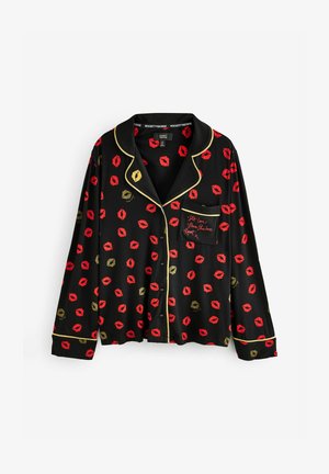 Melns pidžamas krekls ar sarkano un zeltaino skūpstu apdruku. Iespējojumi ar zeltainu apdari, kabatu ar izšūtu tekstu un pogu aizdari. Mīksts audums.