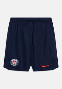 Shorts de sport navy en tissu doux, arborant un logo rond de Paris Saint-Germain et un swoosh rouge de Nike en bas à droite.