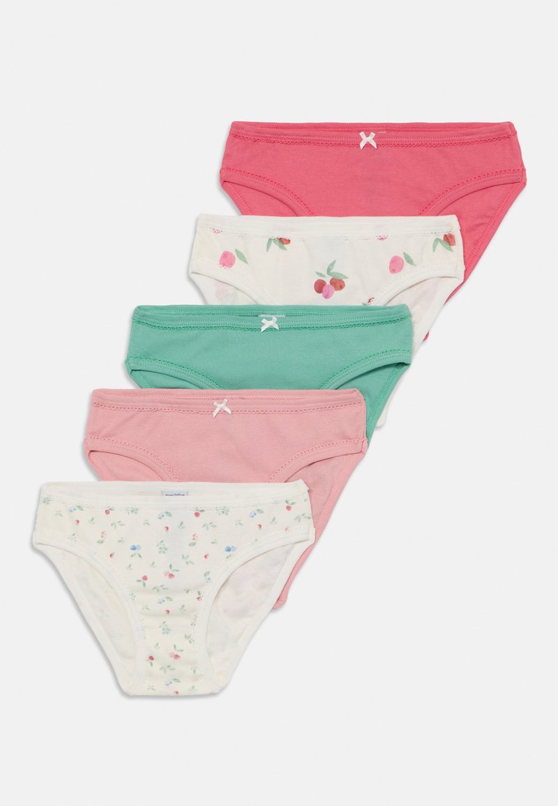 Cinq paires de culottes en coton de couleur rose, verte et blanche, avec des motifs floraux et des couleurs unies, ornées de nœuds décoratifs et de ceintures élastiques.