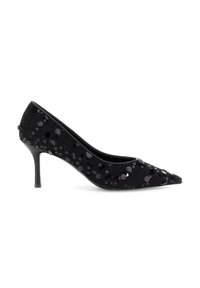 Scarpa con punta nera e tacco alto decorata con paillettes nere lucide, caratterizzata da un sottile tacco di media altezza.