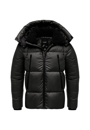 Black puffer jacket with a removable hood, zip closure, two front pockets, and a plush collar, featuring quilted panels and a shiny finish.