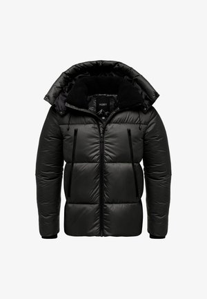 Black puffer jacket with a removable hood, zip closure, two front pockets, and a plush collar, featuring quilted panels and a shiny finish.