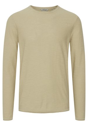 Maglietta a maniche lunghe di un beige chiaro, colletto rotondo, texture morbida, vestibilità casual, con dettagli di cucitura sottili e senza motivi visibili.