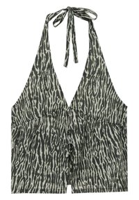 Halterneck-Crop-Top mit schwarz-weißer abstrakter Zebra-Print und Vorderknopfverschluss.