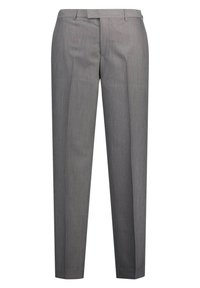 Pantaloni grigi su misura realizzati in tessuto testurizzato, con un design a gamba dritta, una piega frontale singola e una vita standard.