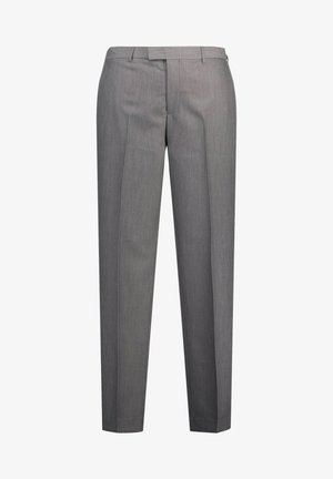 Pantalones gris ajustados hechos de tejido texturizado, con un diseño de pierna recta, pliegue frontal simple y cinturilla estándar.