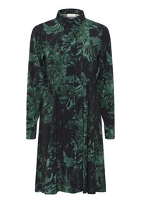 Langärmliges Kleid in dunkelblau mit grünem Blumenmuster. Verfügt über einen Kragen und eine Knopfleiste an der Vorderseite.