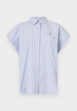 Light blue short-sleeve shirt with vertical white stripes and a button-down collar. Features a small logo on the left chest.