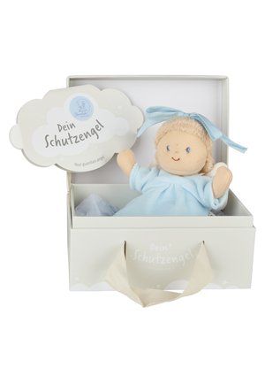 Soft doll with blue outfit and ribbon headband in an open white gift box labeled "Dein Schutzengel" meaning "Your guardian angel."
