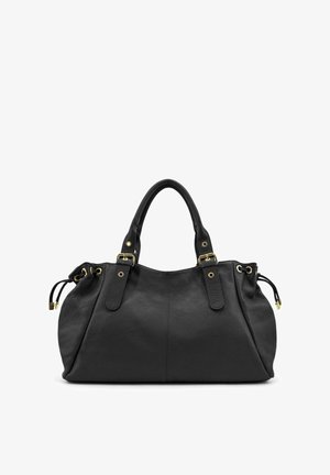 Sac à main en cuir noir avec une surface texturée, des accessoires en métal doré, deux poignées et une fermeture à cordon sur les côtés.