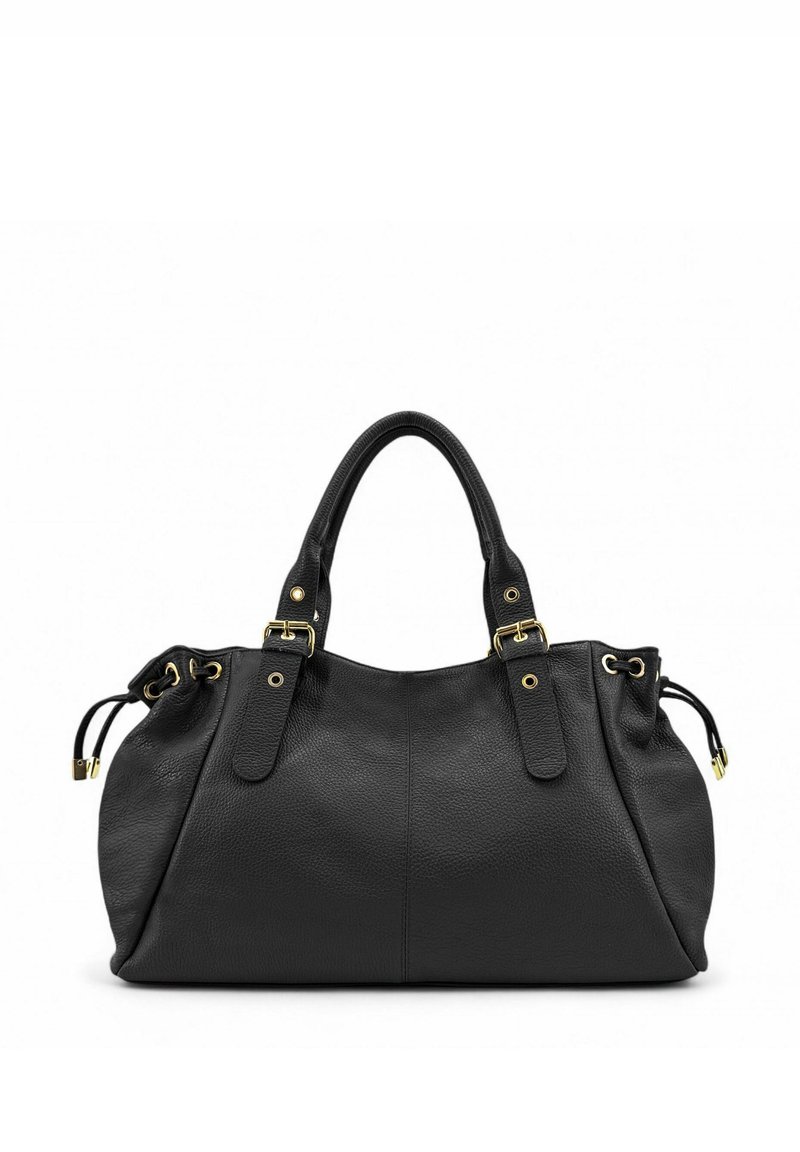 Sac à main en cuir noir avec une surface texturée, des accessoires en métal doré, deux poignées et une fermeture à cordon sur les côtés.