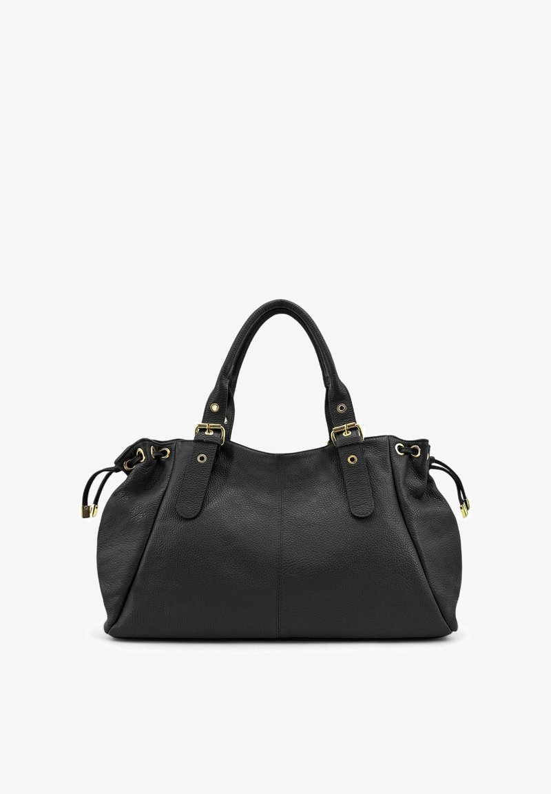 Sac à main en cuir noir avec une surface texturée, des accessoires en métal doré, deux poignées et une fermeture à cordon sur les côtés.