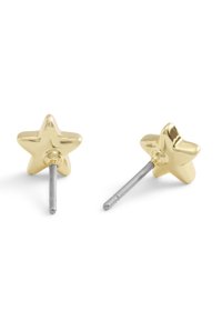 Orecchini a forma di stella in tonalità dorata con finitura lucida e perni in tonalità argento. Dimensioni: design piccolo e compatto, adatto per abbigliamento casual.