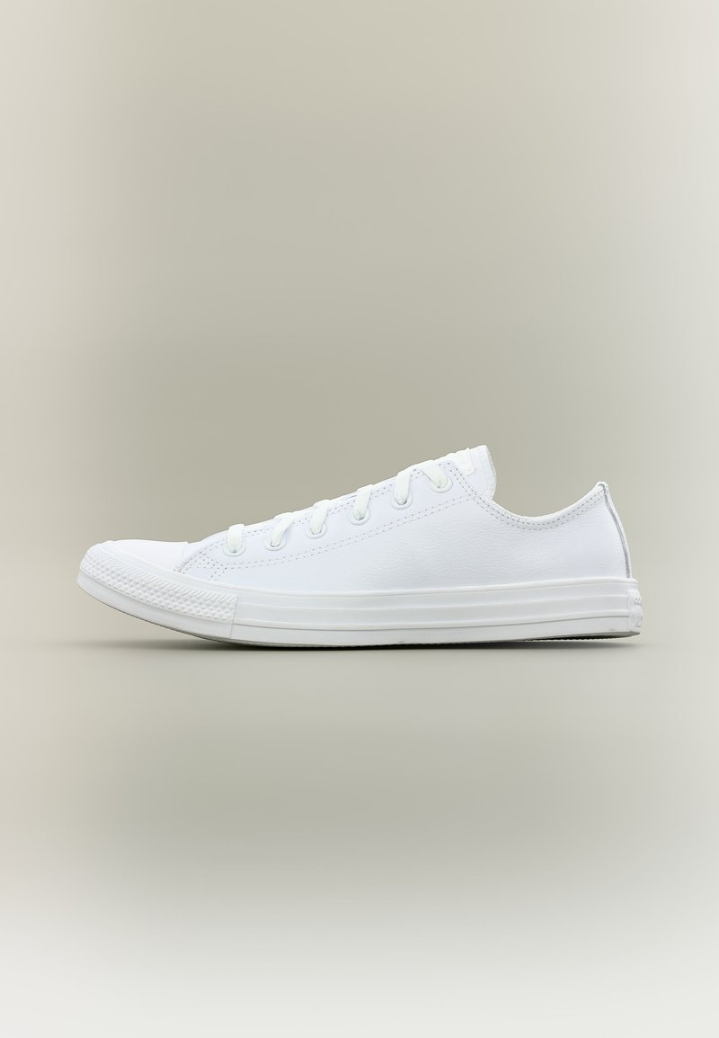 Weiße niedrige Canvas-Sneaker mit weißer Gummisohle und Schnürsenkeln, seitlich auf neutralem Hintergrund dargestellt.