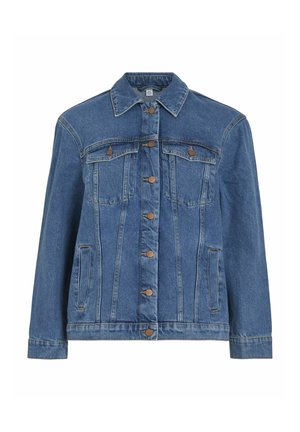 Giubbotto di jeans di blu medio con colletto, chiusura a cinque bottoni, due tasche sul petto e due tasche laterali a fessura. Presenta cuciture a contrasto.