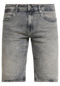 Faded gray-washed farkkushortsit, joissa on normaali viiden taskun malli ja metallinappilukko, sekä kevyttä kulutusta kankaassa.