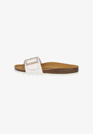 Infradito bianchi con fibbia lucida, soletta in sughero e suola bianca texturizzata. Presenta un design semplice e un profilo piatto per il massimo comfort.