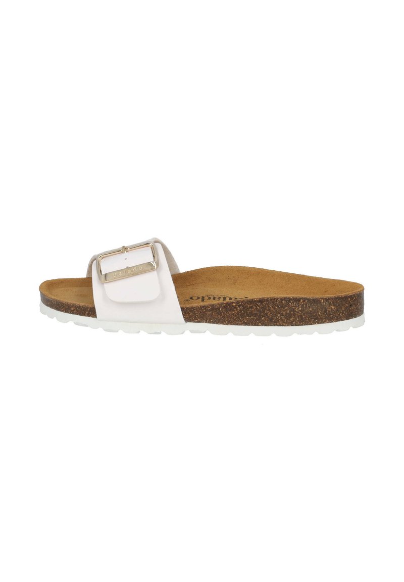 Infradito bianchi con fibbia lucida, soletta in sughero e suola bianca texturizzata. Presenta un design semplice e un profilo piatto per il massimo comfort.