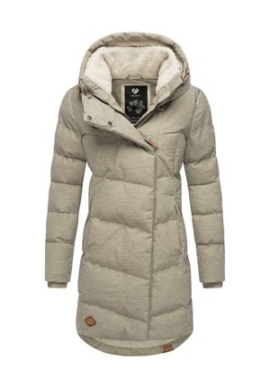 Veste rembourrée gris clair avec capuche, dotée d'une doublure en polaire douce, fermeture à pression et embellissements en cuir sur le col et l'ourlet.