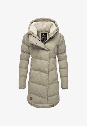 Veste rembourrée gris clair avec capuche, dotée d'une doublure en polaire douce, fermeture à pression et embellissements en cuir sur le col et l'ourlet.