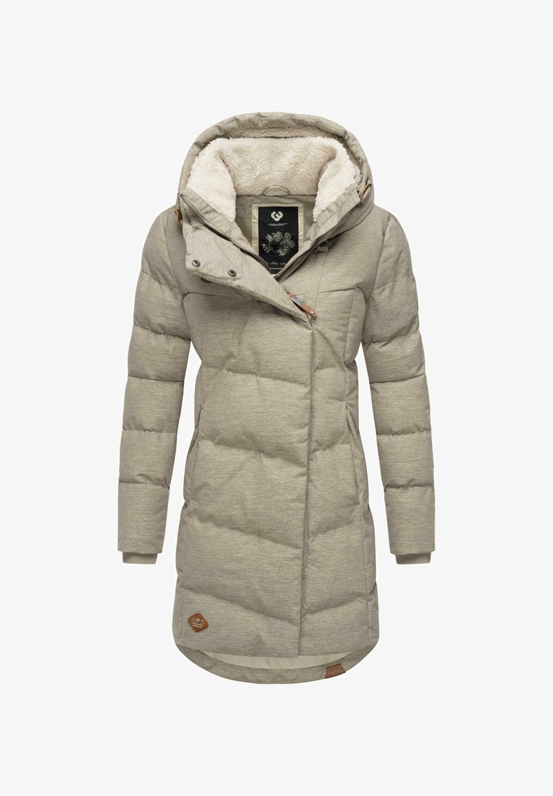 Lys grå polstret jakke med hette, med myk fleeceforing, trykknappslukking og lærdetaljer på kragen og kanten.