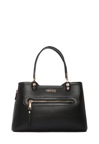 Borsa a tracolla nera in materiale sintetico con due manici, tasca anteriore con zip, hardware dorato e texture liscia. Presenta il logo del marchio sul davanti.