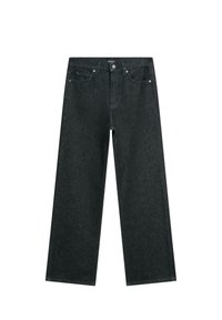 Jeans in denim scuro con design a gamba larga, dotati di chiusura frontale con bottone, passanti per cintura e due tasche laterali. Tessuto texturizzato.