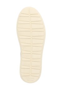 Weißer Gummischuhsohle mit einem strukturierten Muster, das ein Gitter aus Rillen und Erhebungen für Traktion aufweist. Gedruckter Markenname und Größenangabe sind sichtbar.