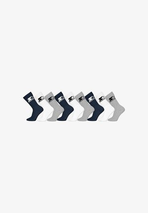 Zehn Paare Crew-Socken der Marke Starter in Marineblau, Weiß und Grau, nebeneinander auf einem weißen Hintergrund präsentiert.