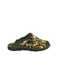 Green felt slipper with a black and floral pattern; features a rounded toe and textured outsole for grip. Soft, cozy material.