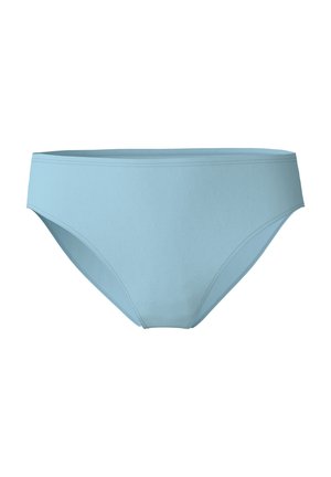 Lichtblauwe katoenen bikini onderkant met een gladde textuur en elastische tailleband; geen patronen of decoratieve accenten. Eenvoudig, minimalistisch ontwerp.