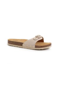 Beige slide sandaal met een zachte bovenkant, verstelbare gesp en kurk voetbed. Voorzien van ronde gouden studs en een licht rubberen zool.