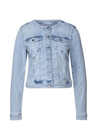 Light blue denim jacket with long sleeves, button-front closure, round neckline, and two buttoned chest pockets.