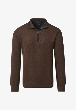 Brauner Strickpullover mit einem halben Reißverschluss-Kragen, der dunkelblaue Akzente und ein gestricktes Stoffdesign aufweist. Lange Ärmel und gerippter Saum.
