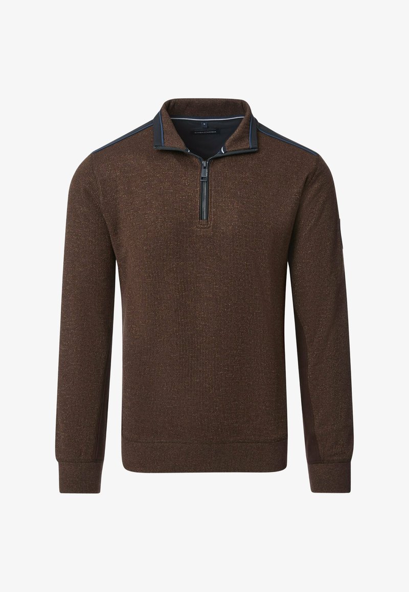 Brown knitted pullover with a half-zip collar, featuring dark blue accents and a textured fabric design. Long sleeves and ribbed hem.