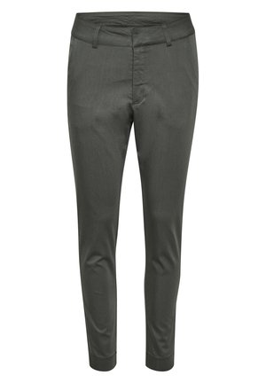 Mørkegrønne bukser med slim fit, med en glat tekstur, sidelommer og en talje med bæltestropper. Ingen synlige dekorationer.