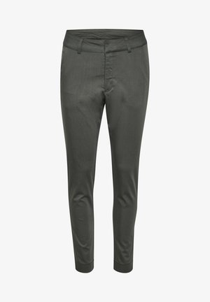 Dark green trousers with a slim fit, featuring a smooth texture, side pockets, and a waistband with belt loops. No visible embellishments.